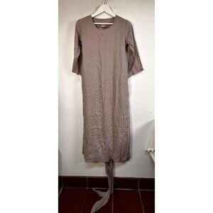 LO Len Ok Womens Light Brown Linen Belted Maxi Dress Small 3/4 Sleeve Casual